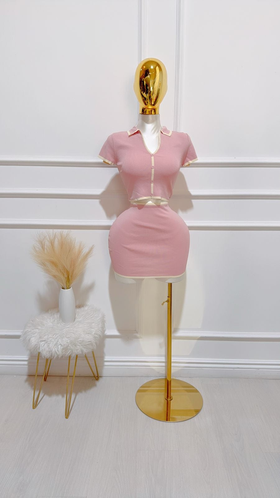 Set Top Cuello Falda Mauve Beige