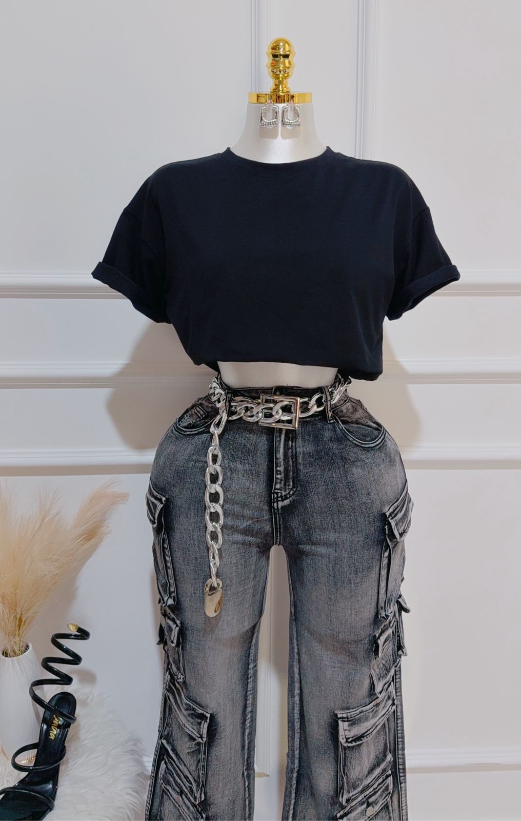 Pantalon Denim Cargo Negro