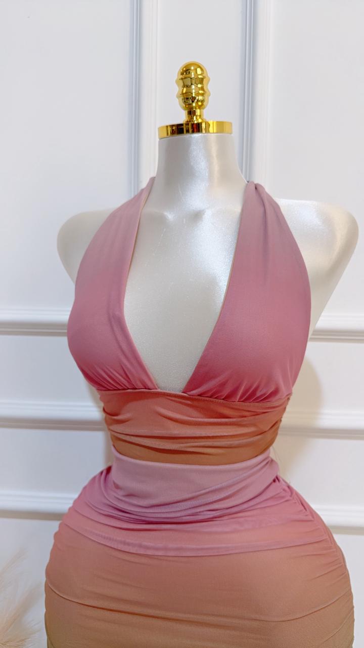 Set Top Halter Falda Midi Coral