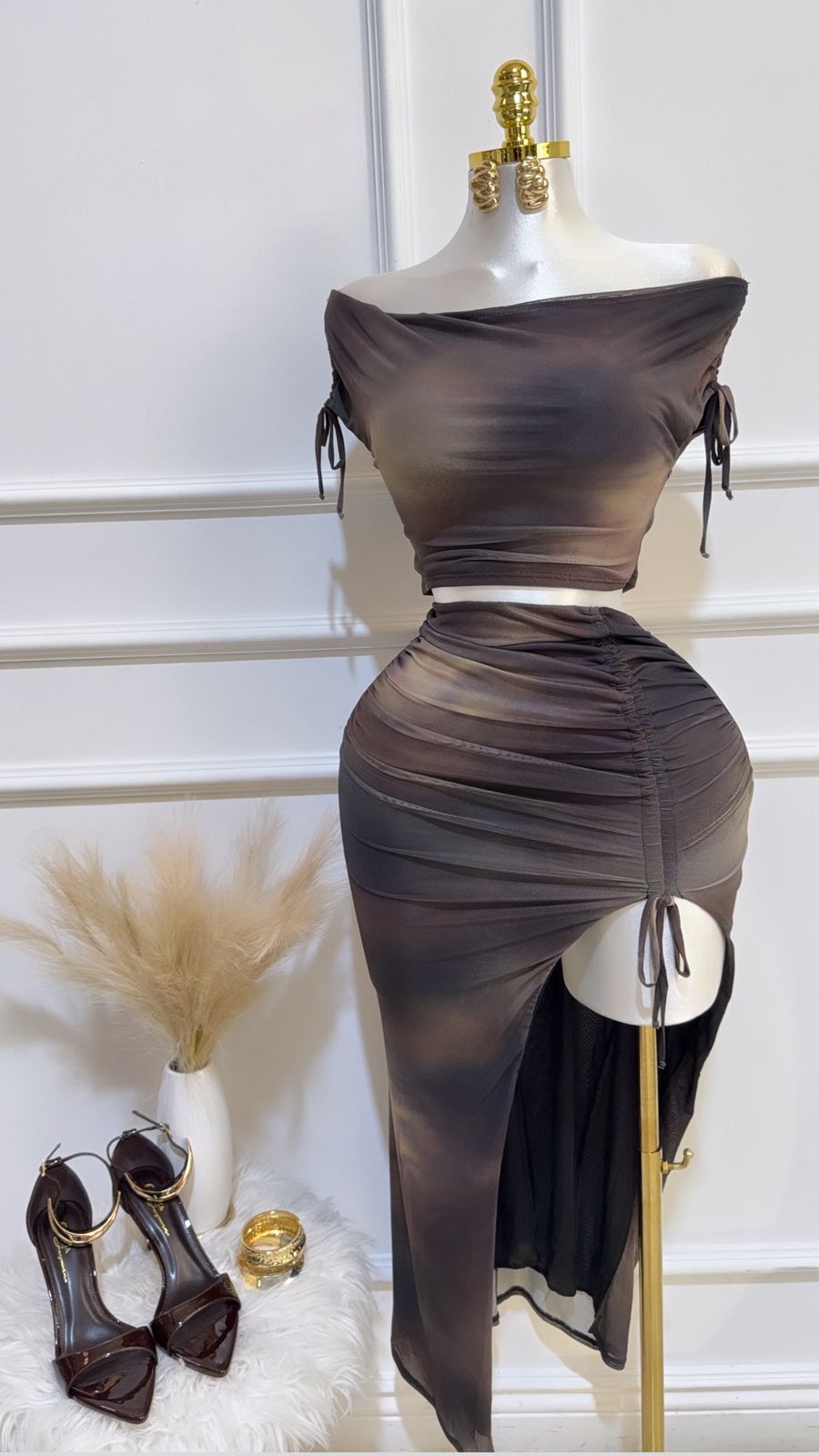 Set Top Fruncido Falda Maxi Negro Multi