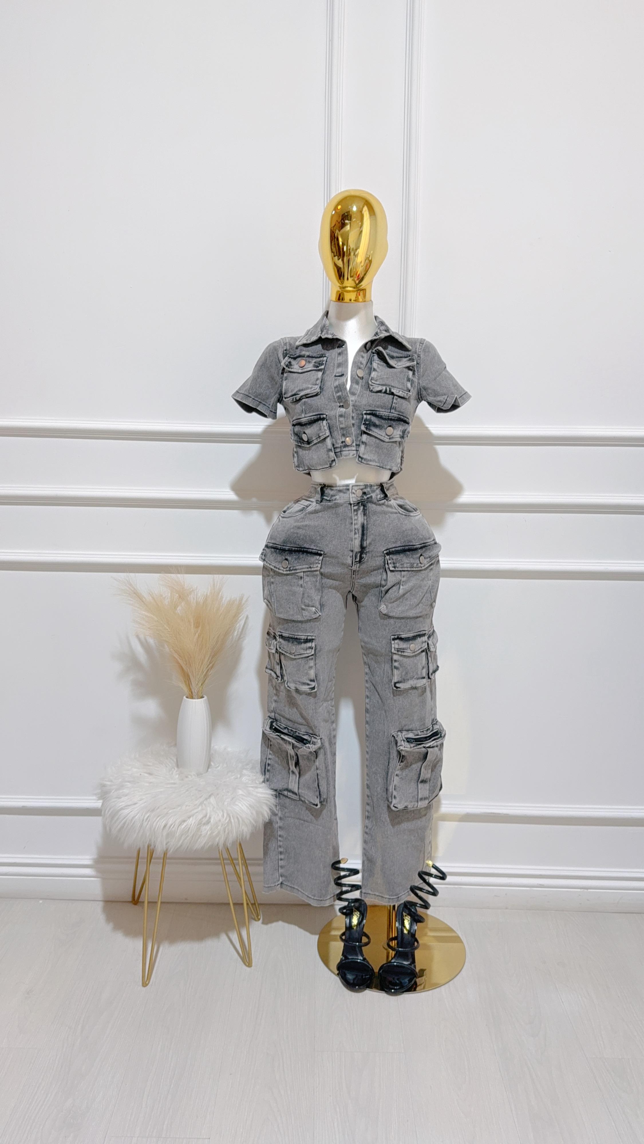 Pantalon Cargo Mezclilla Gris Deslavado