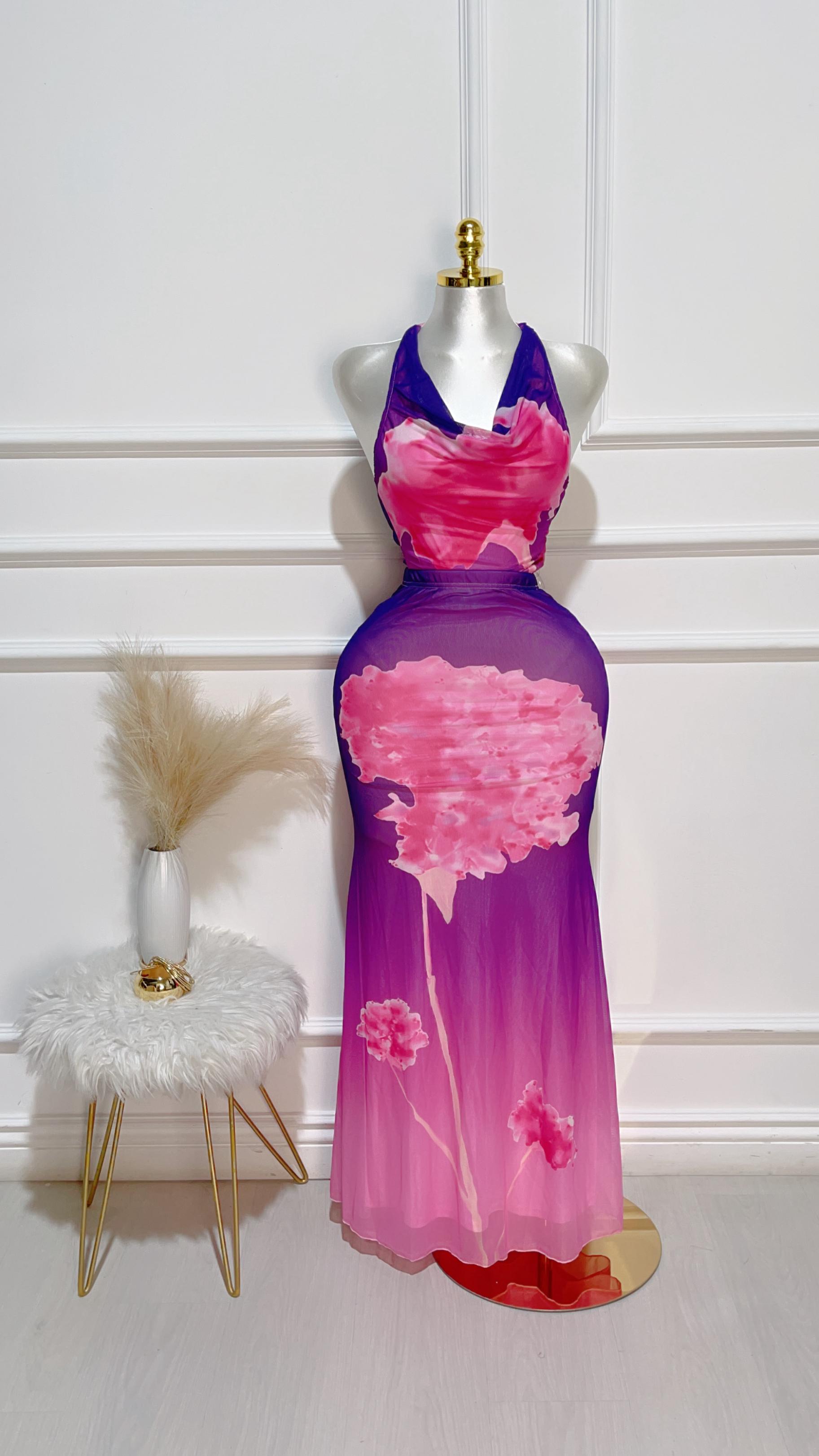 Set Blusa Lazos Falda Larga Lila