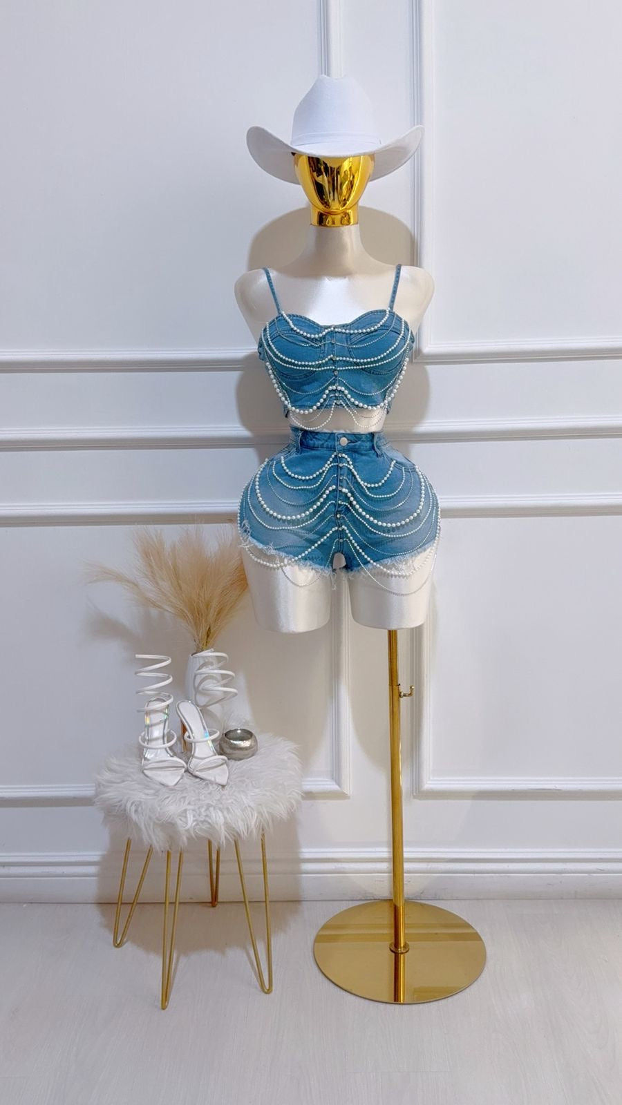 Set Top Mezclilla Perlas Short