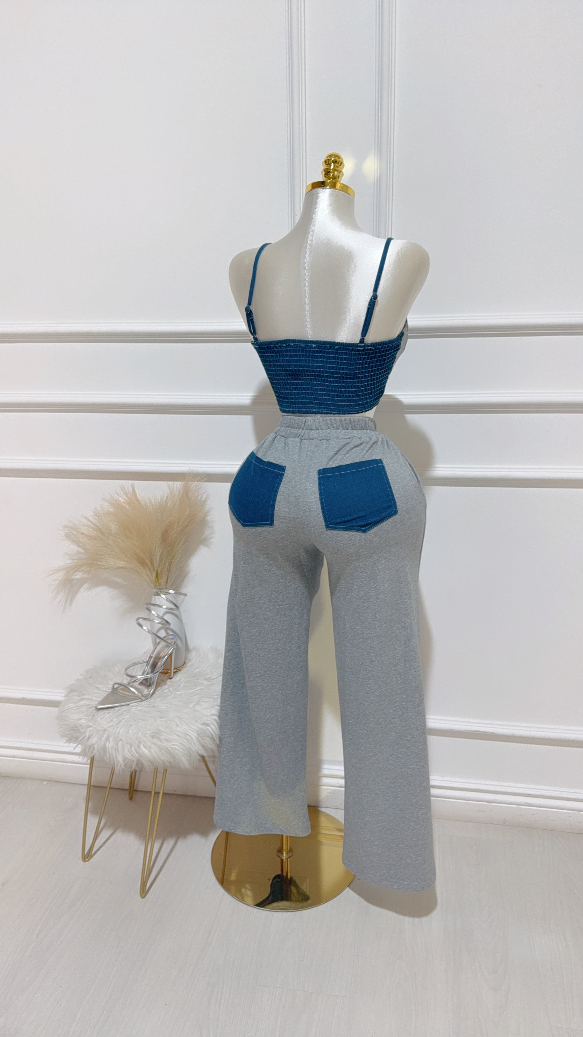 Set Top Pantalón Gris Mezclilla
