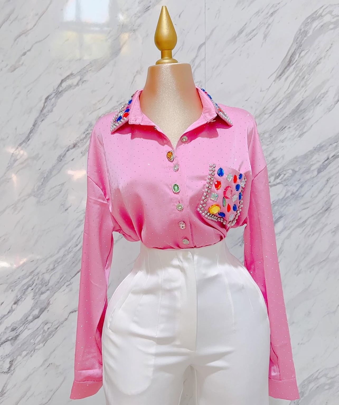Camisa Dama Rosa Piedras Colores