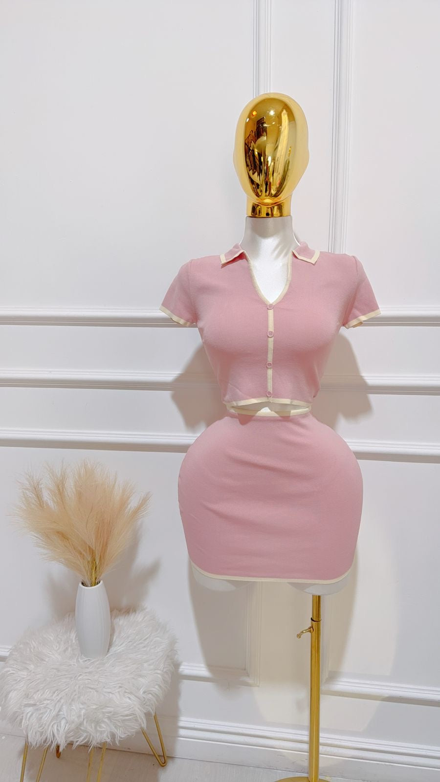 Set Top Cuello Falda Mauve Beige