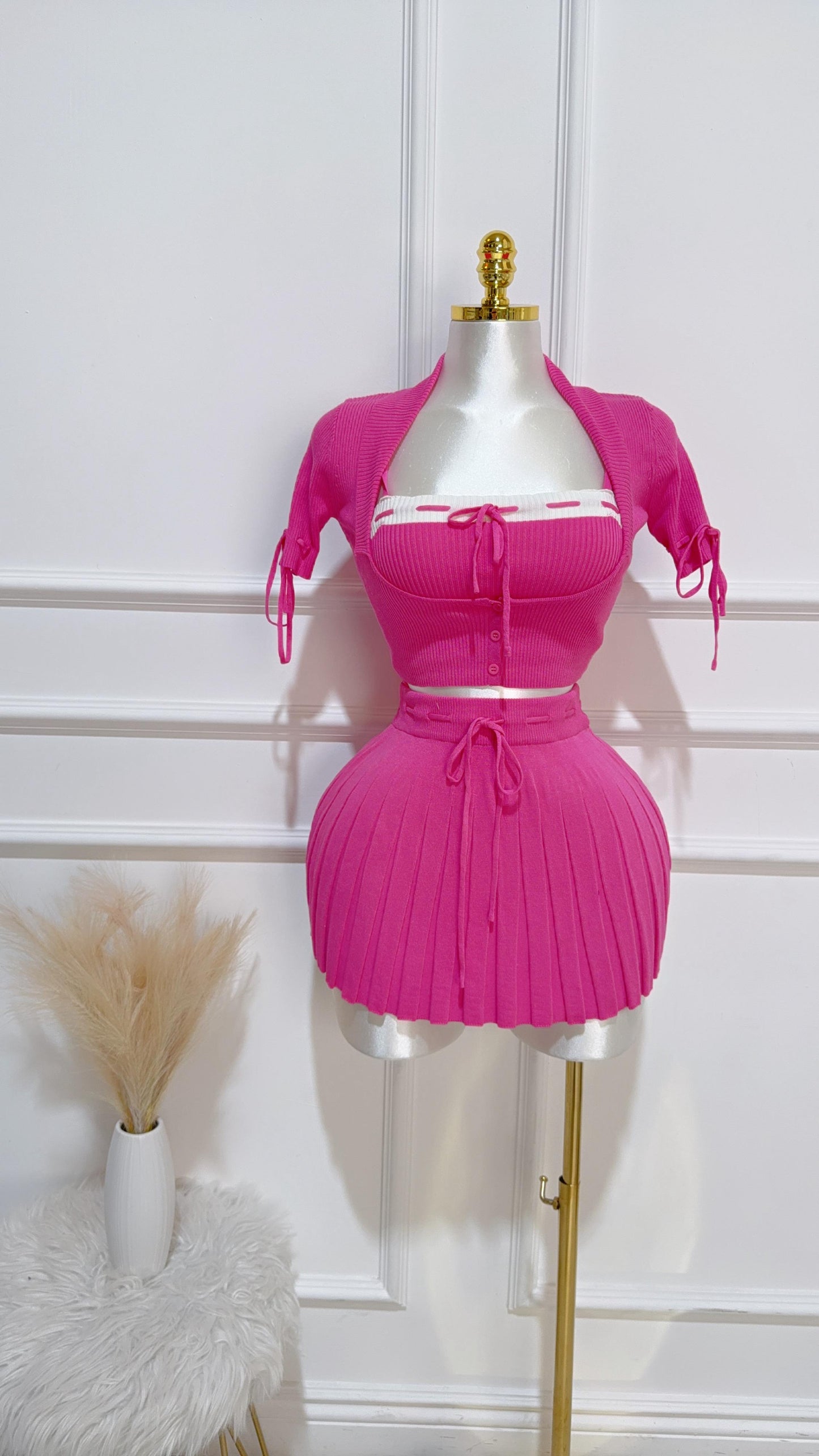 Set Blusa /Top/Falda Plisada Rosa Fucsia 3Pz