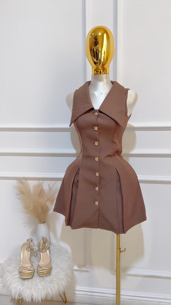 Vestido Corto Plizado Cafe