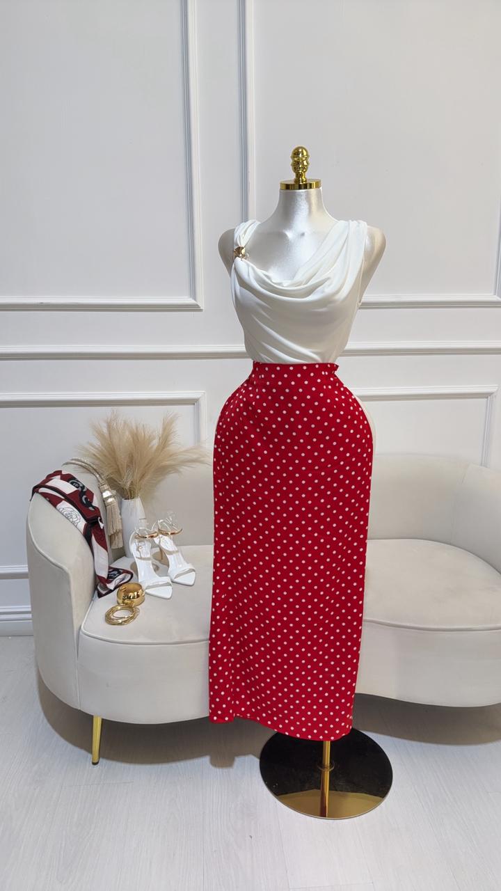 Falda Larga Satin Roja Lunares
