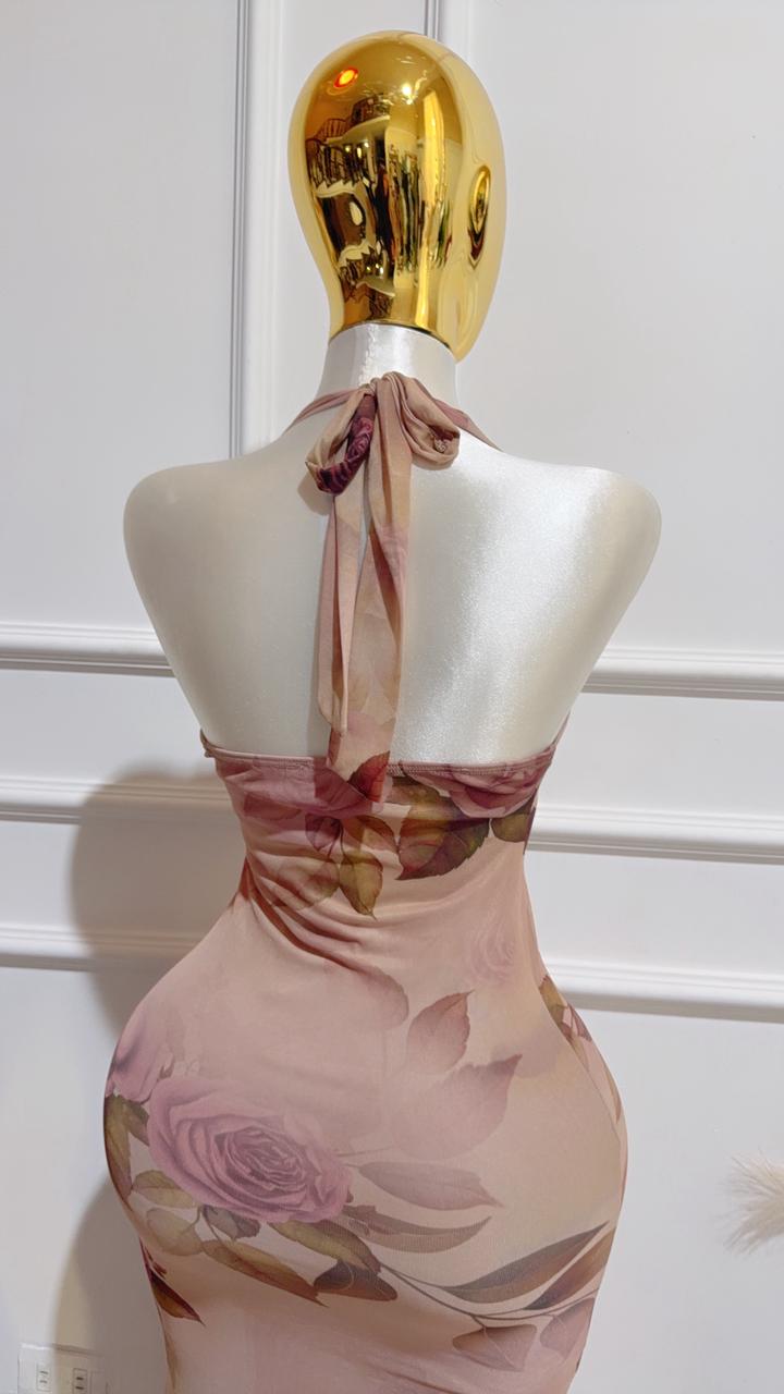 Vestido Largo Cuello Halter Taupe