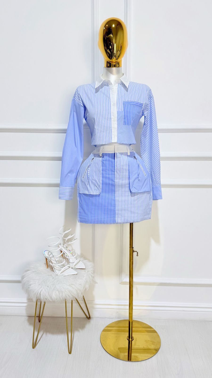 Set Blusa Falda Blanco Azul