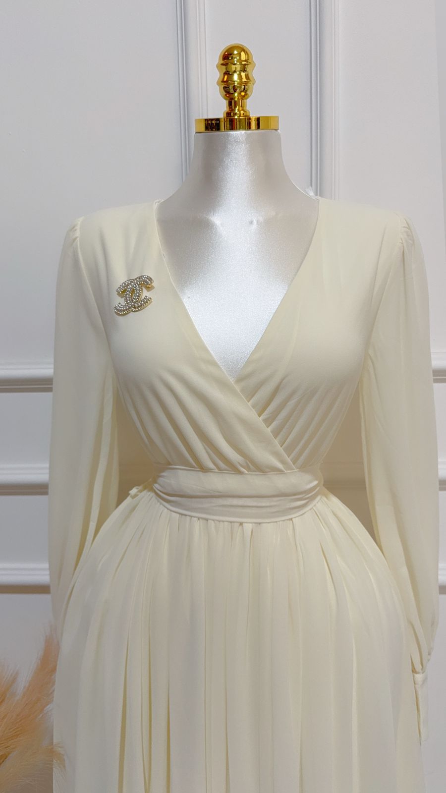 Vestido Largo Escote V ML Beige