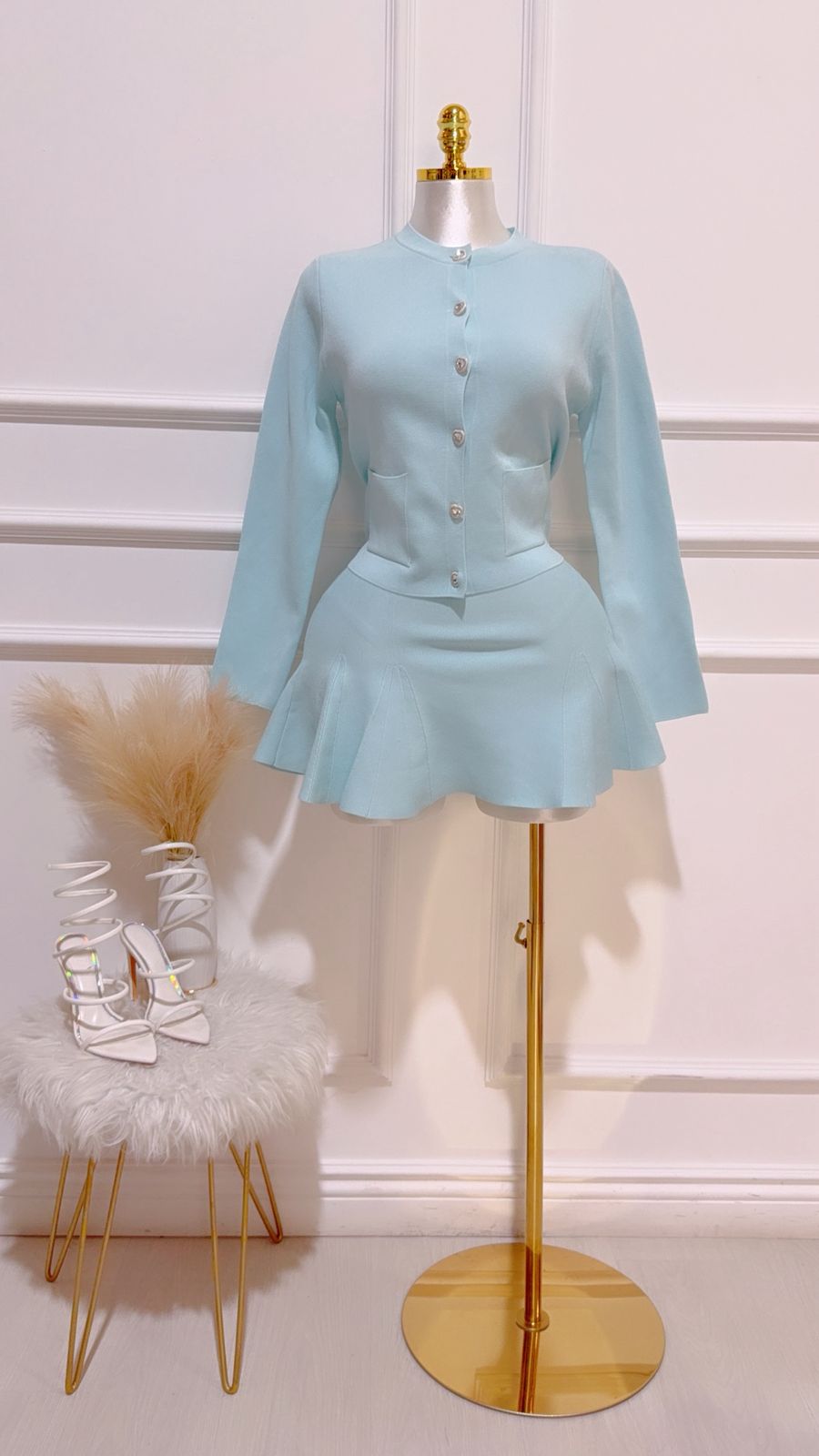 Set Cardigan Falda Azul