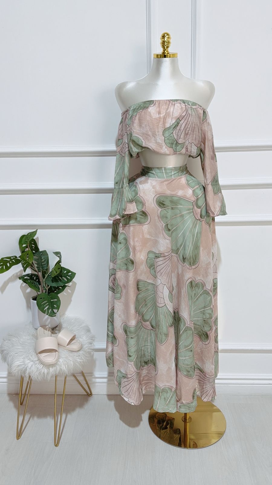 Set Top Falda Larga Verde Beige