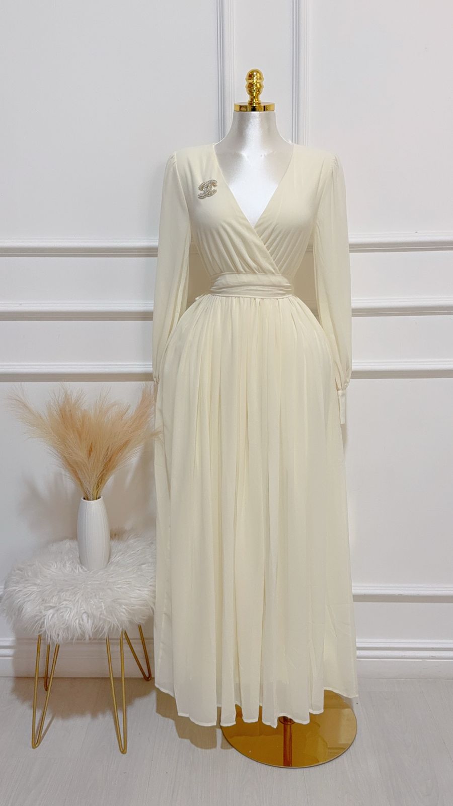 Vestido Largo Escote V ML Beige