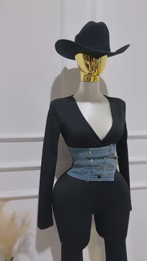Enterizo Negro Con Detalles Mezclilla