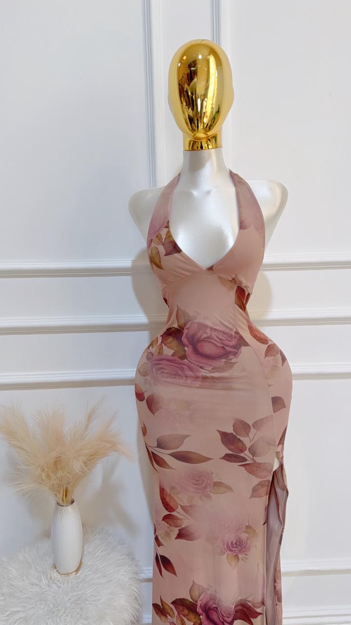 Vestido Largo Cuello Halter Taupe