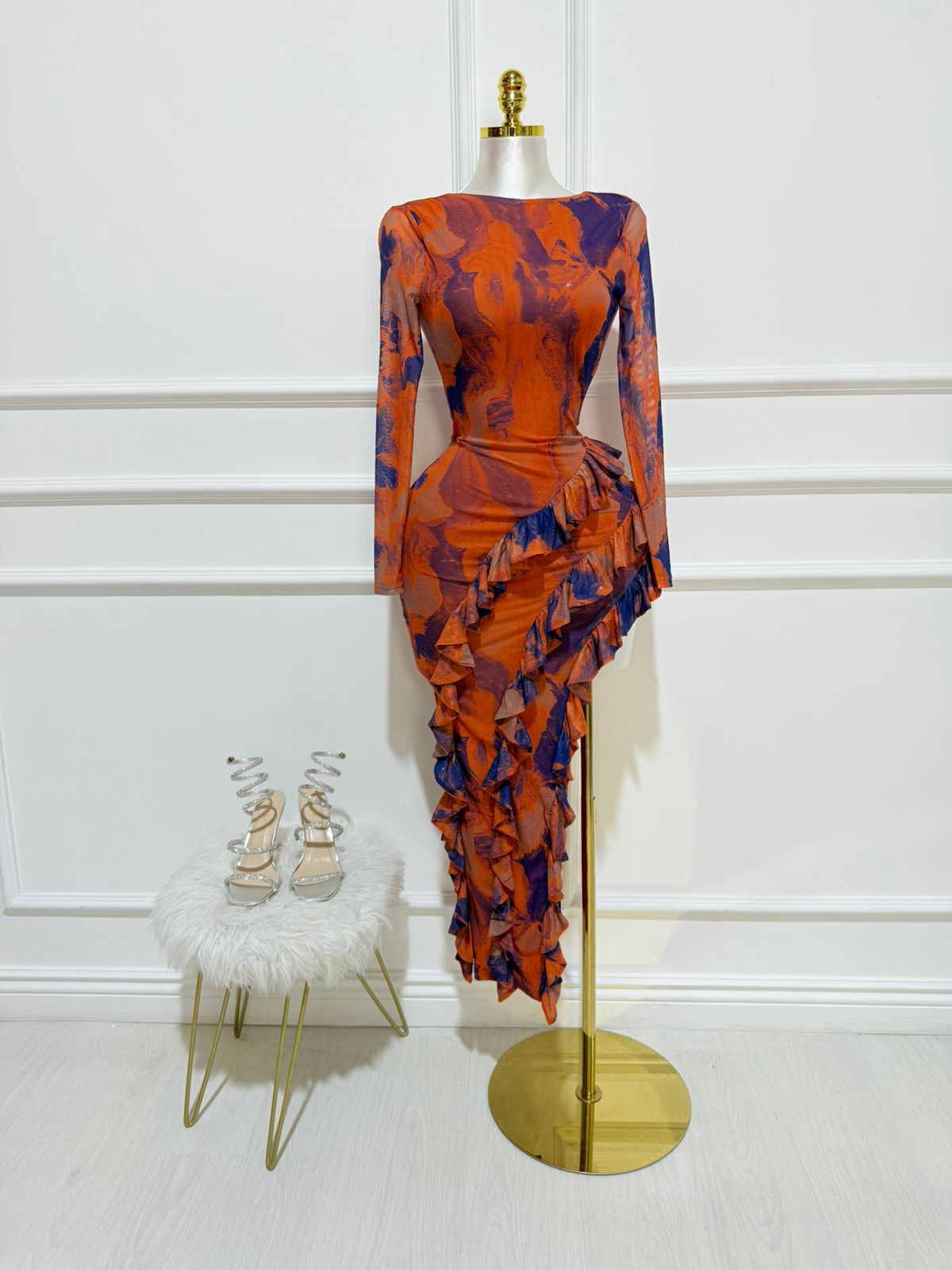 Vestido Largo Con Volantes Naranja Lila