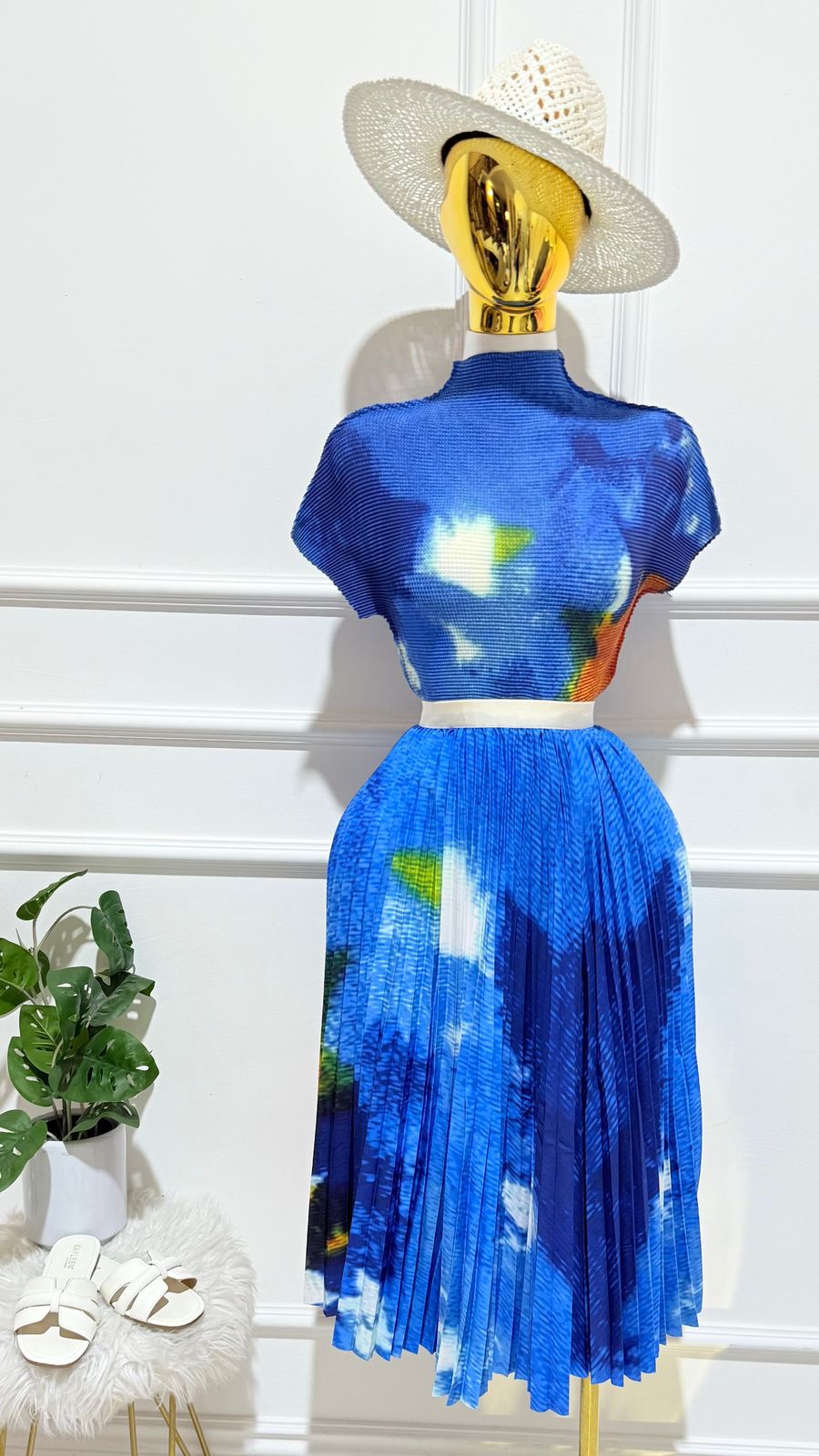 Set Blusa Falda Plizada Larga Azul