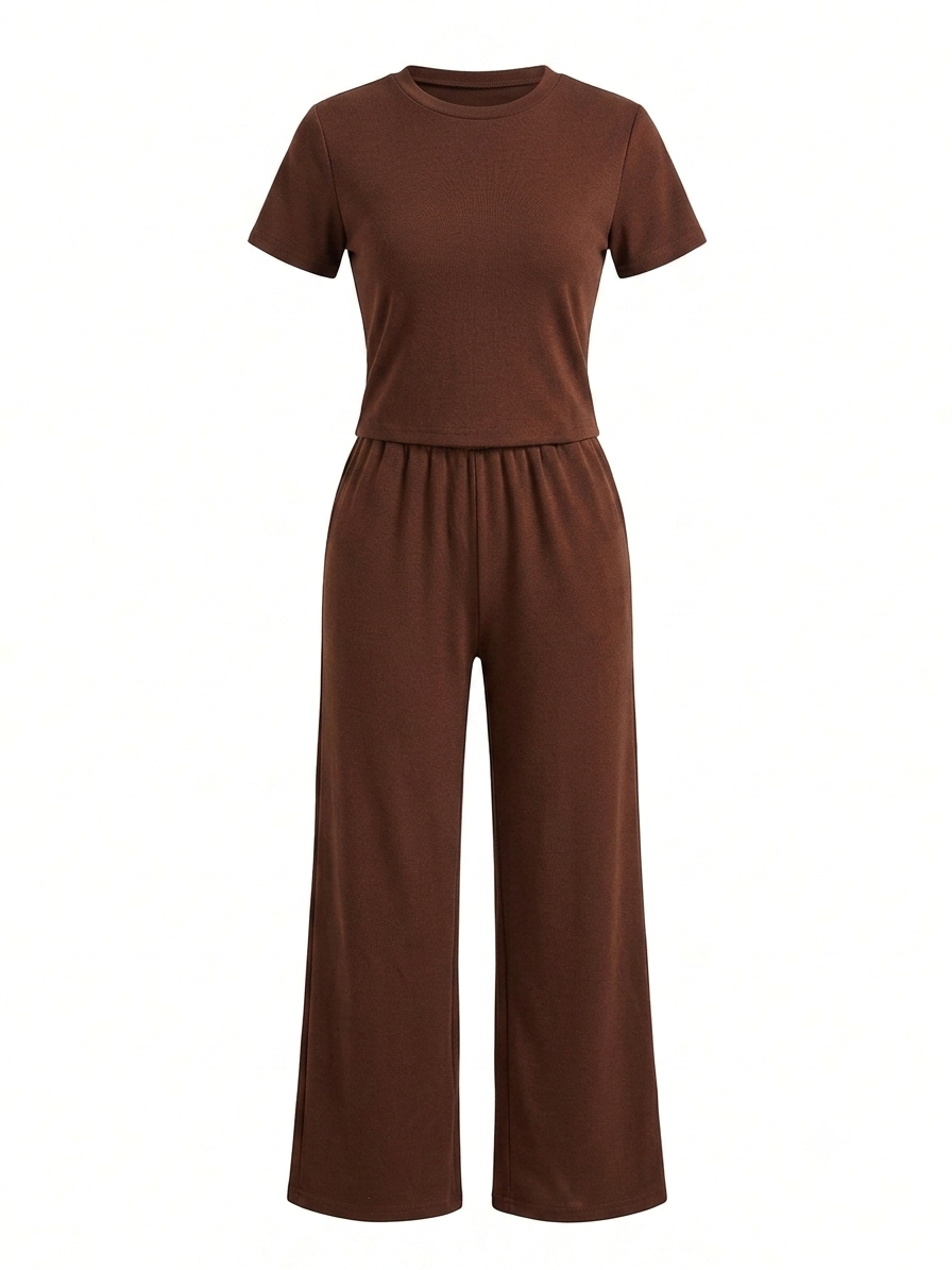 CONJUNTO PANTALON CAFE MANGA CORTA