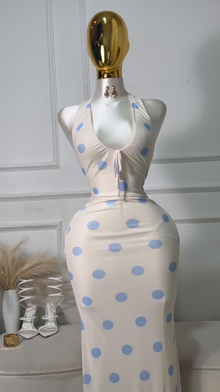 VESTIDO LARGO BOLAS AZULES