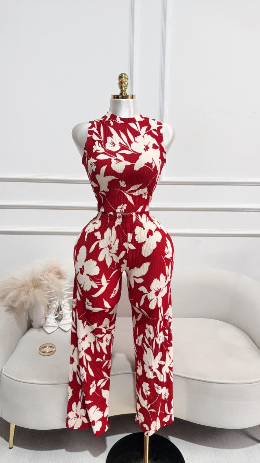 CONJUNTO PANTALÓN FLOREADO ROJO DRAPEADO