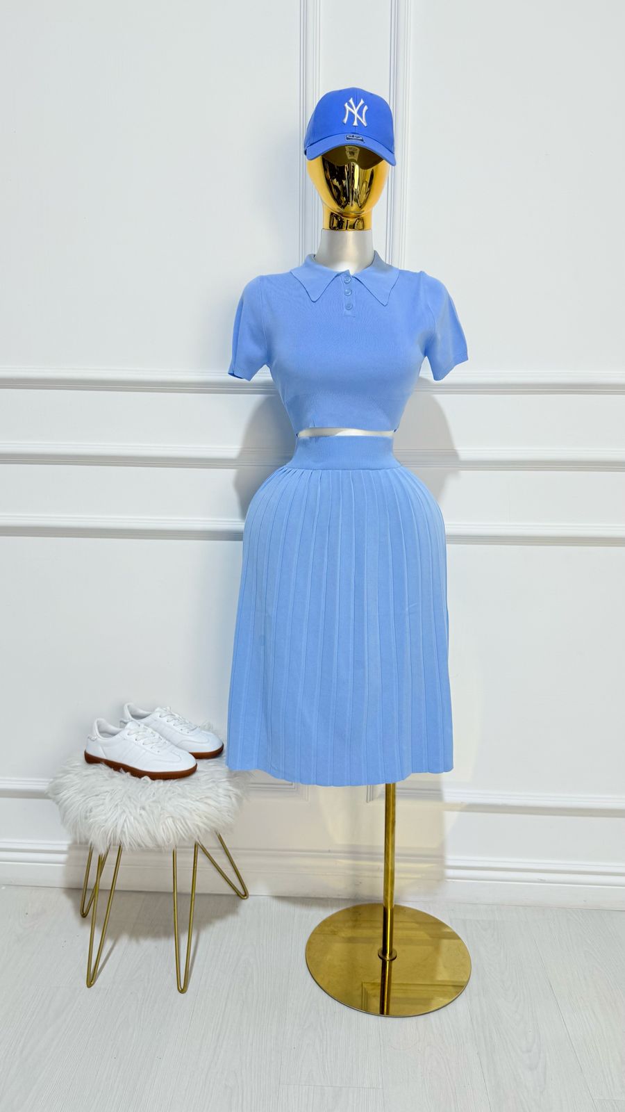 Set Blusa Falda Larga Plizada Azul