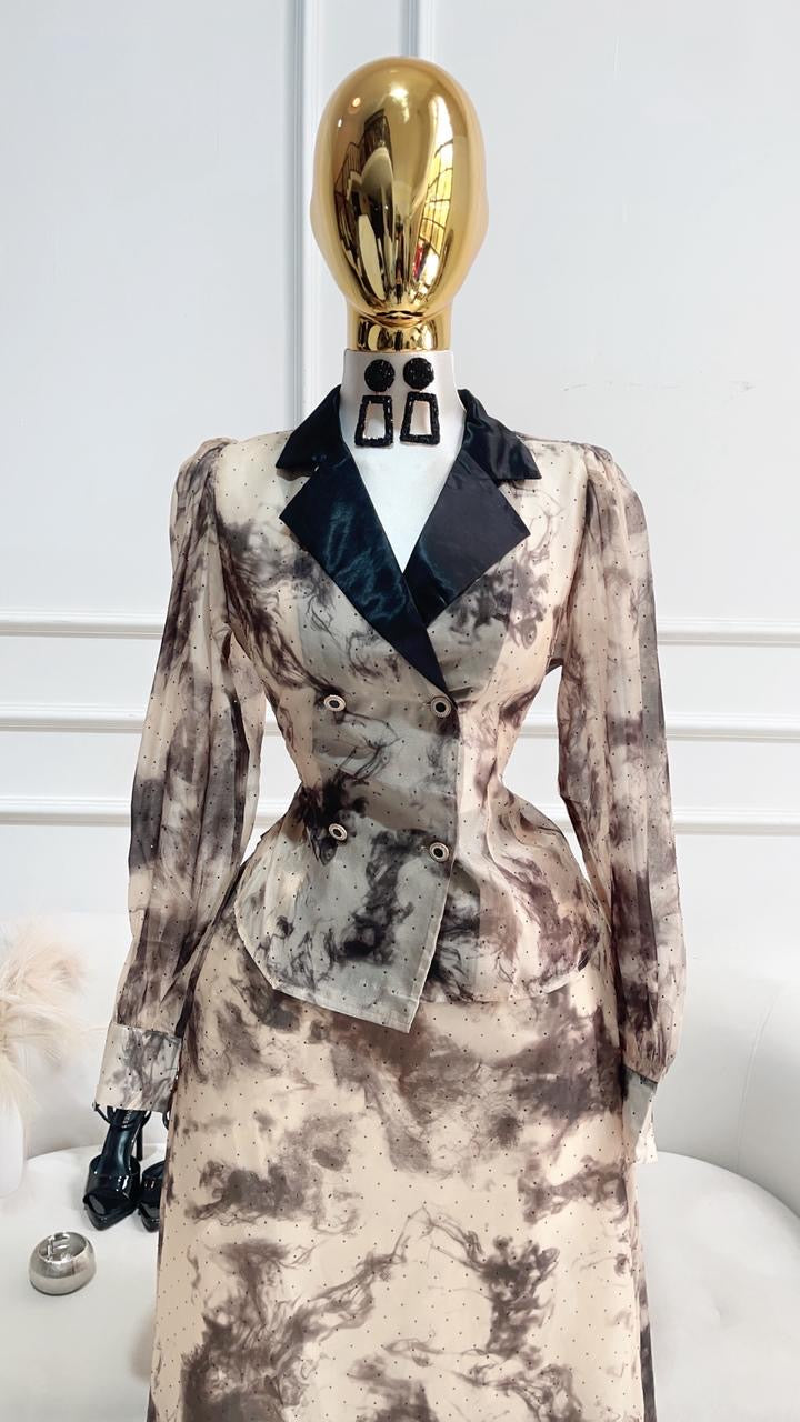 CONJUNTO BLUSA Y FALDA BEIGE NEGRO