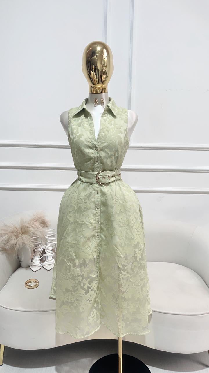VESTIDO VERDE LARGO SIN MANGA BROCATEL