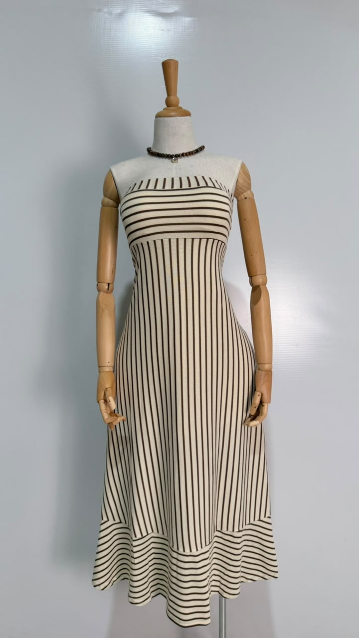 VESTIDO BEIGE RAYAS CAFE