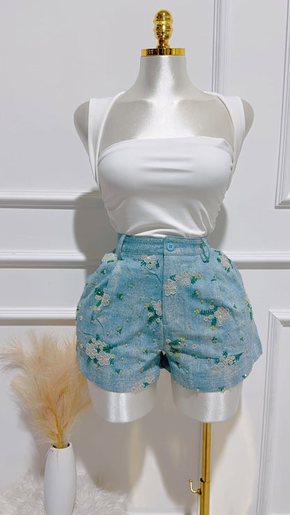 Short Corto Detalles Flores Mezclilla