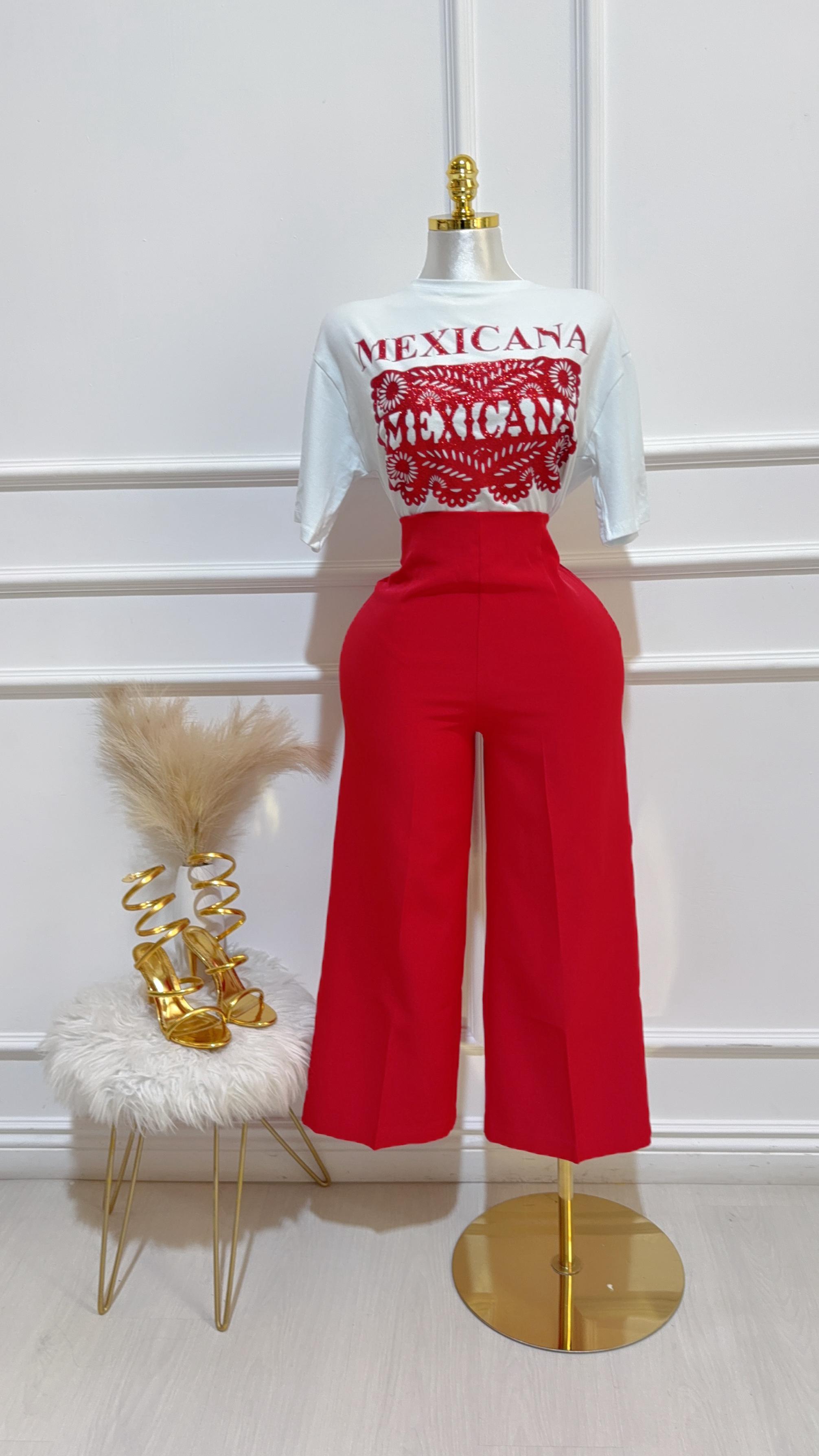 Pantalon Cintura Alta/Ancho Rojo