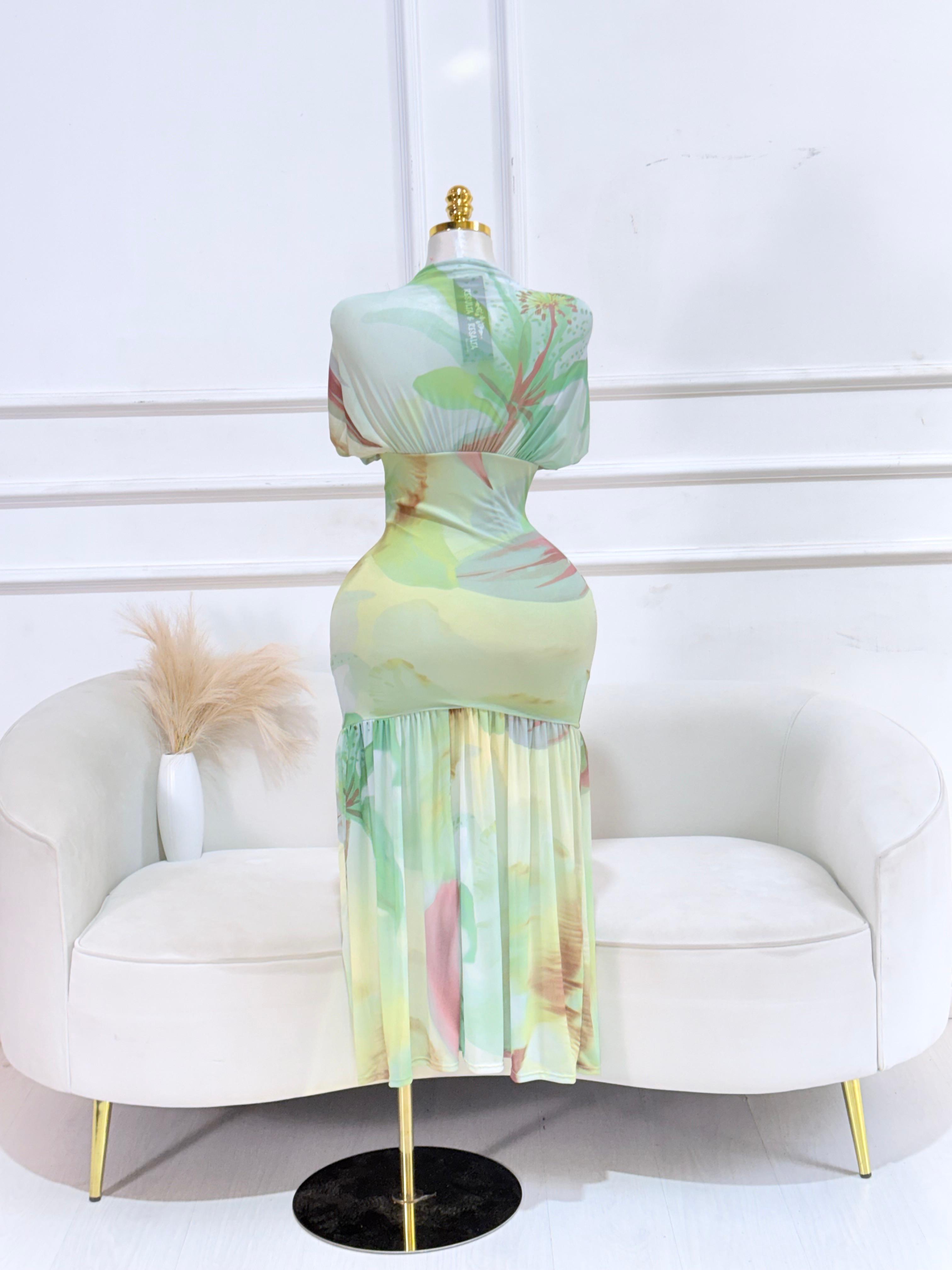 VESTIDO MESH VERDE LARGO ESTAMPADO