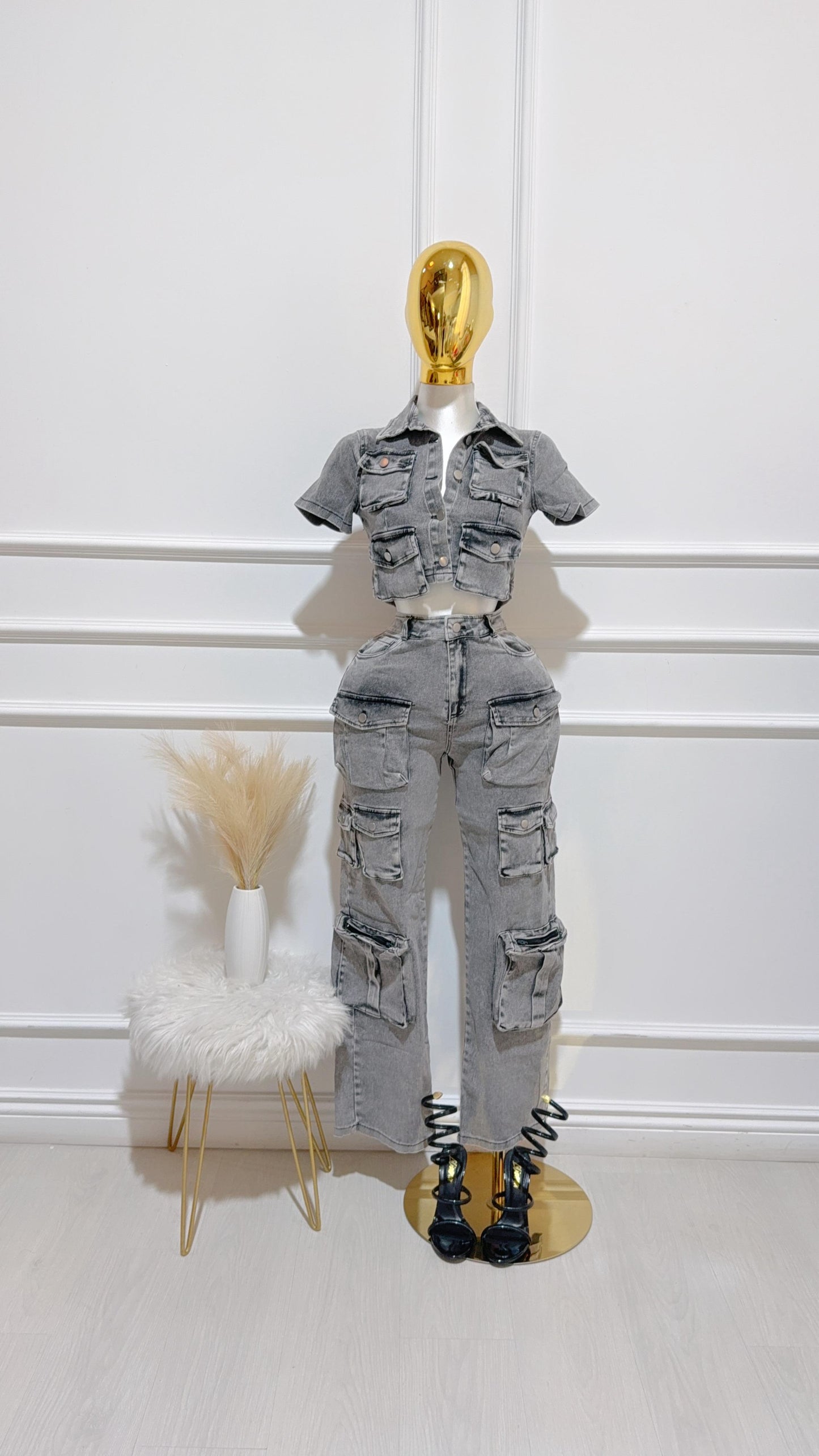 Pantalon Cargo Mezclilla Gris Deslavado