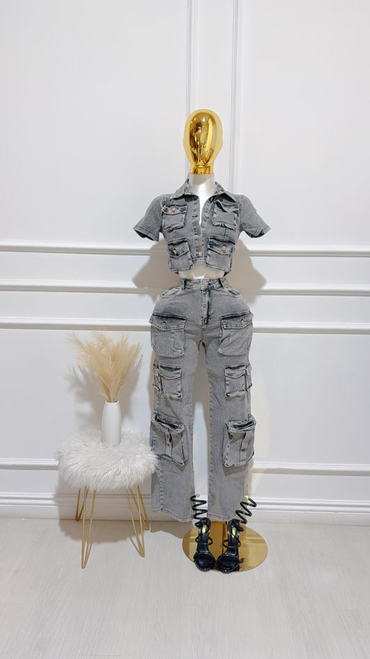 Pantalon Cargo Mezclilla Gris Deslavado