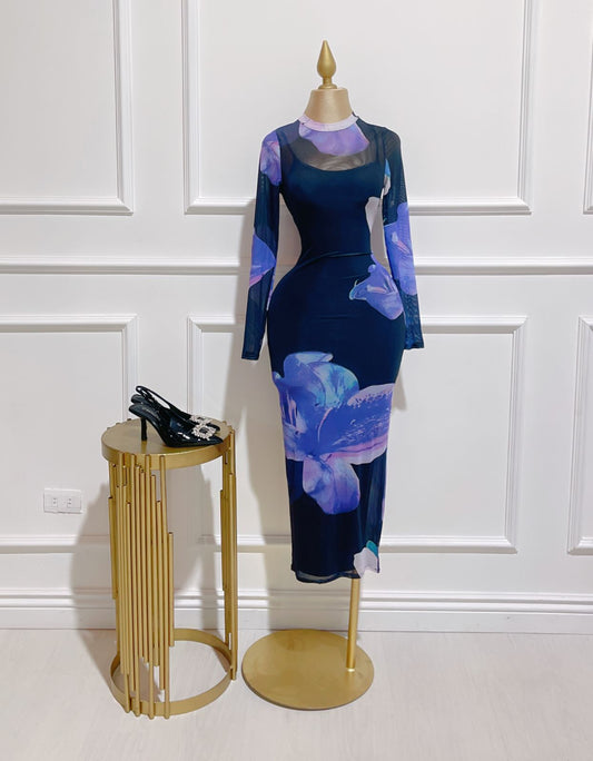Vestido Negro Forro Estampado Lila