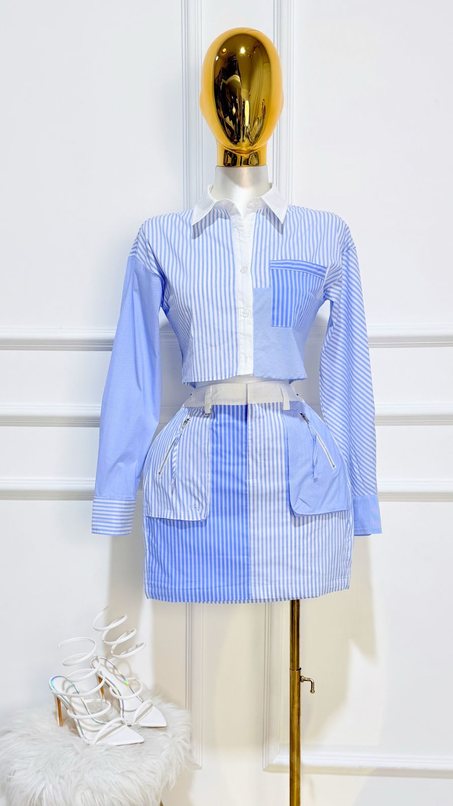 Set Blusa Falda Blanco Azul