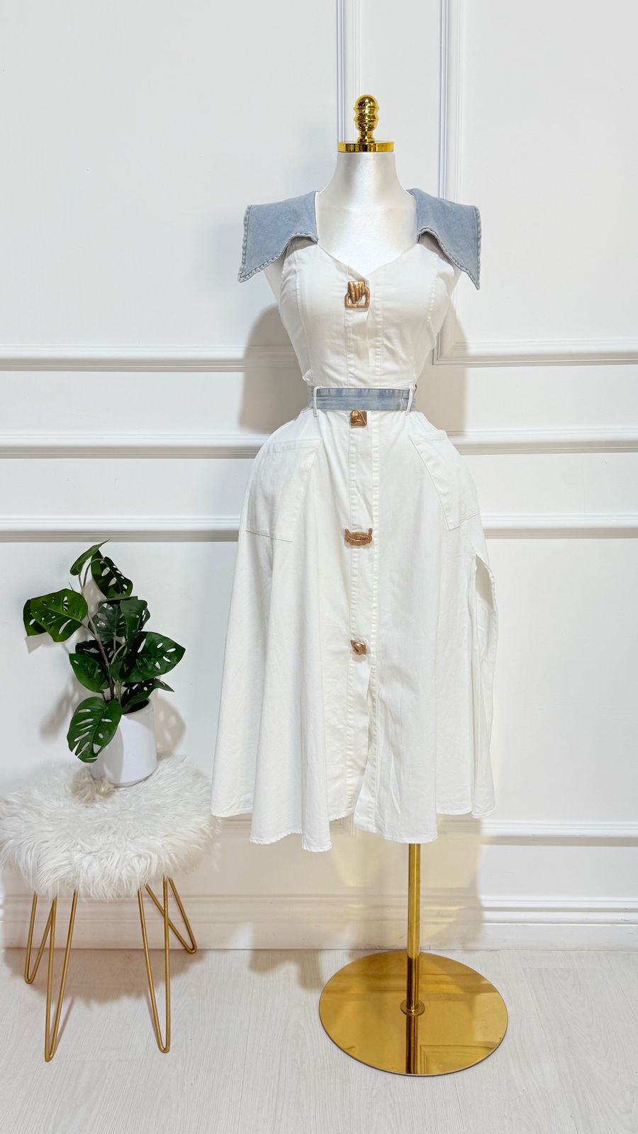 Vestido Cuello V Blanco Mezclilla