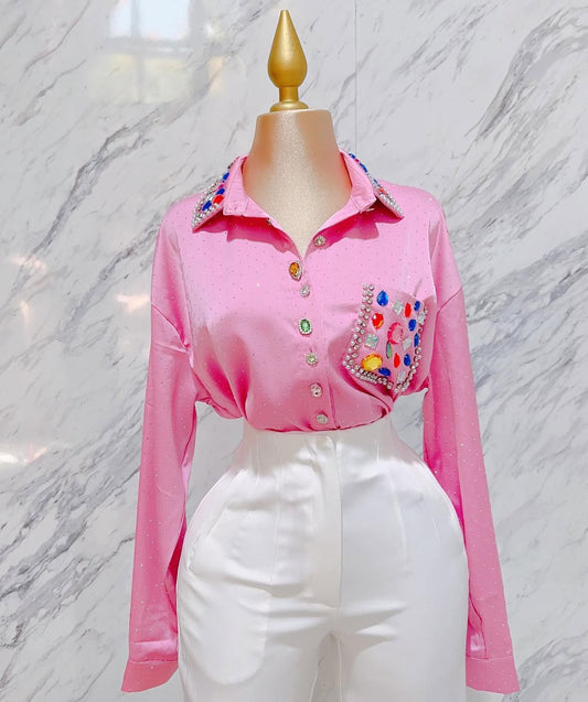 Camisa Dama Rosa Piedras Colores