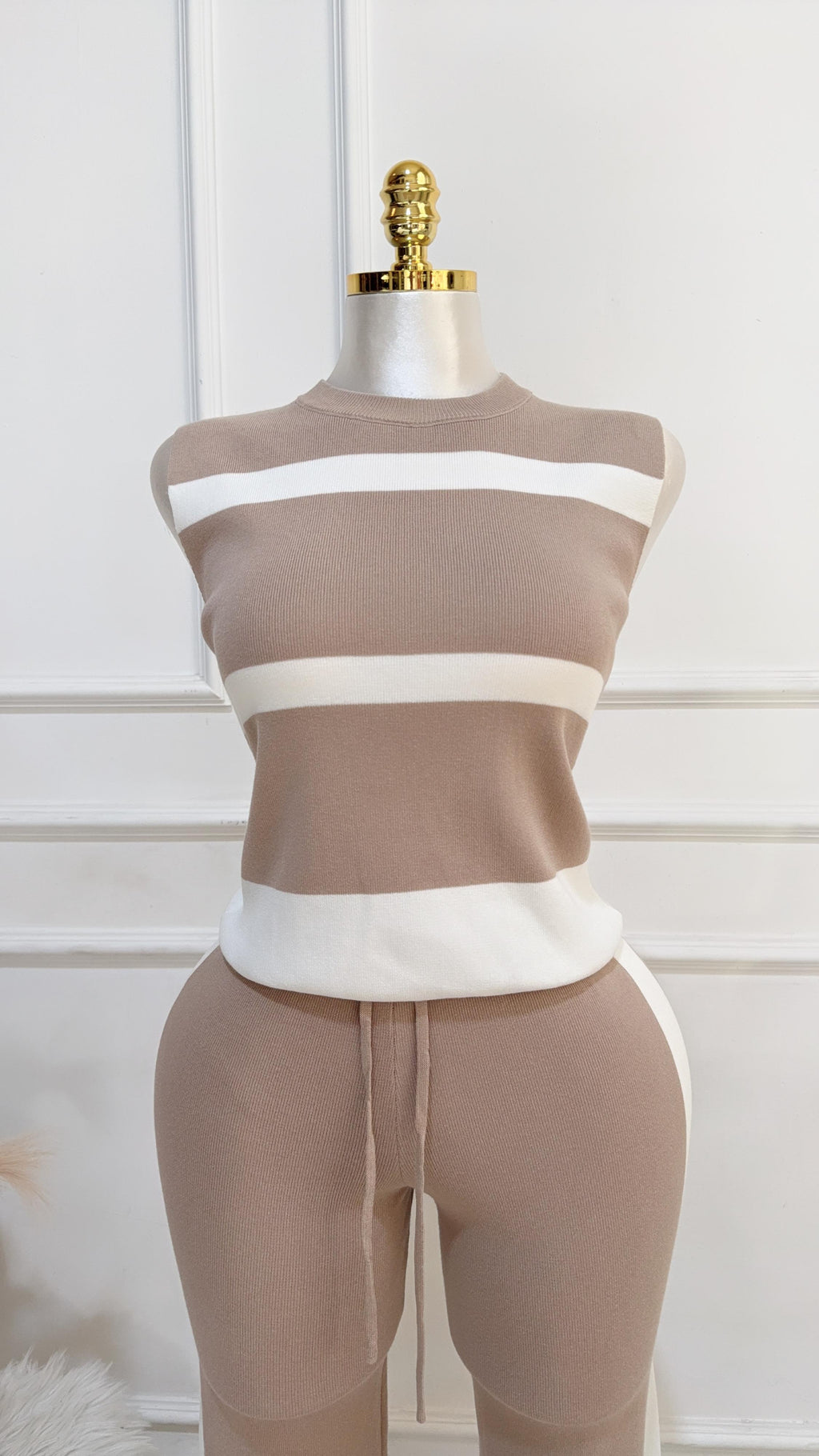 SET TOP PANS RAYAS BEIGE BLANCO