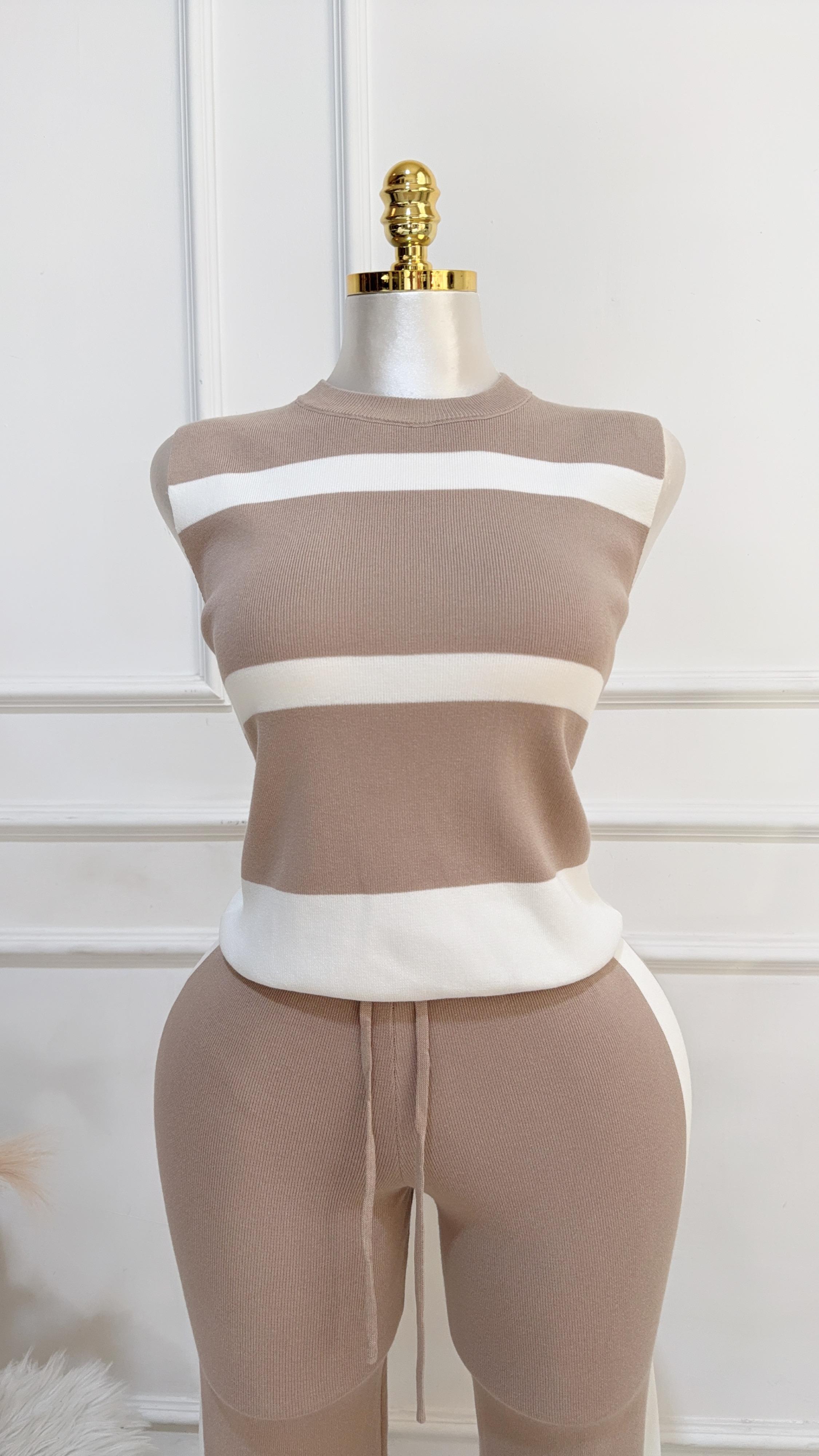 SET TOP PANS RAYAS BEIGE BLANCO