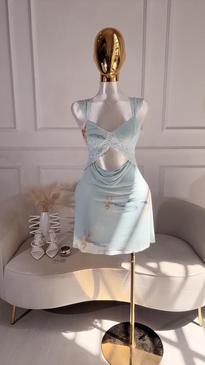 Vestido Azul Tirantes Flores Amarillas