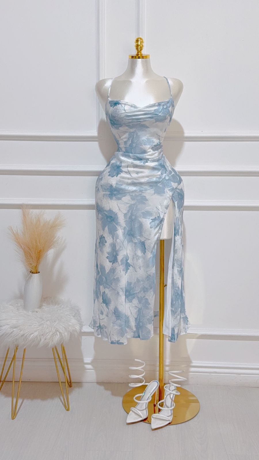 Vestido Largo Abierto Azul Floral