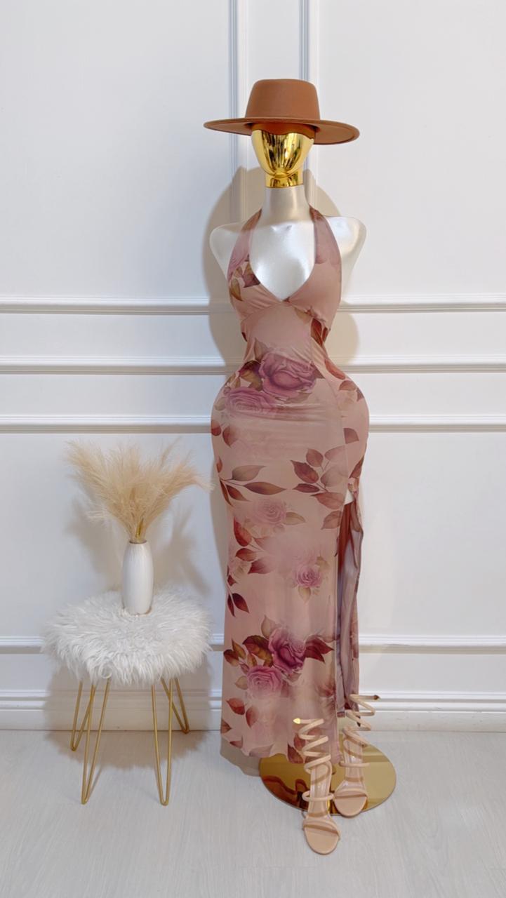 Vestido Largo Cuello Halter Taupe