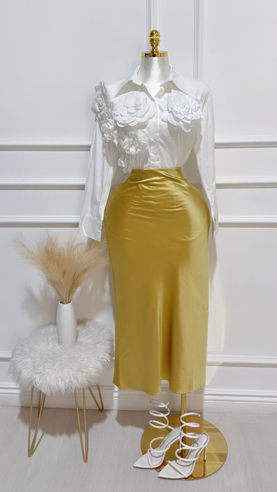 Falda Larga Satin Elástico Amarilla