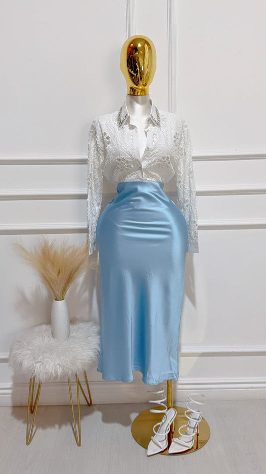 Falda Larga  Satin Elastico Azul