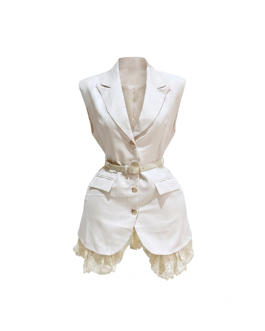 VESTIDO BEIGE BOTONES CINTO
