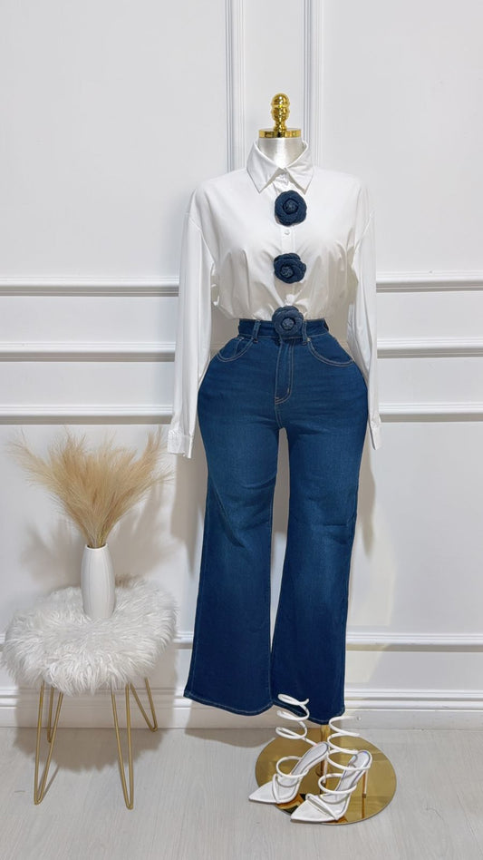 Blusa Blanca Flor Mezclilla