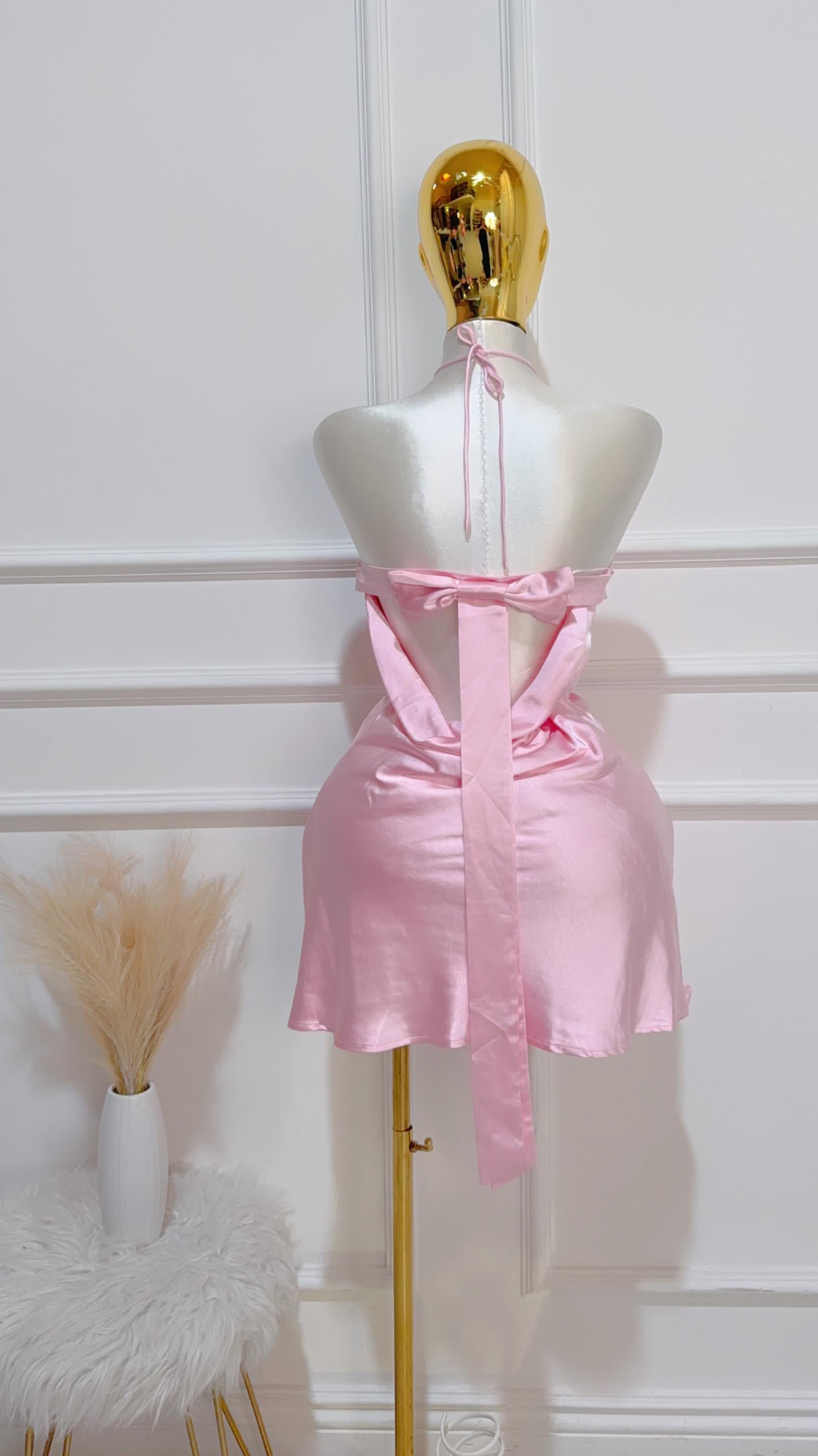 Vestido Halter Lazo En Espalda Rosa