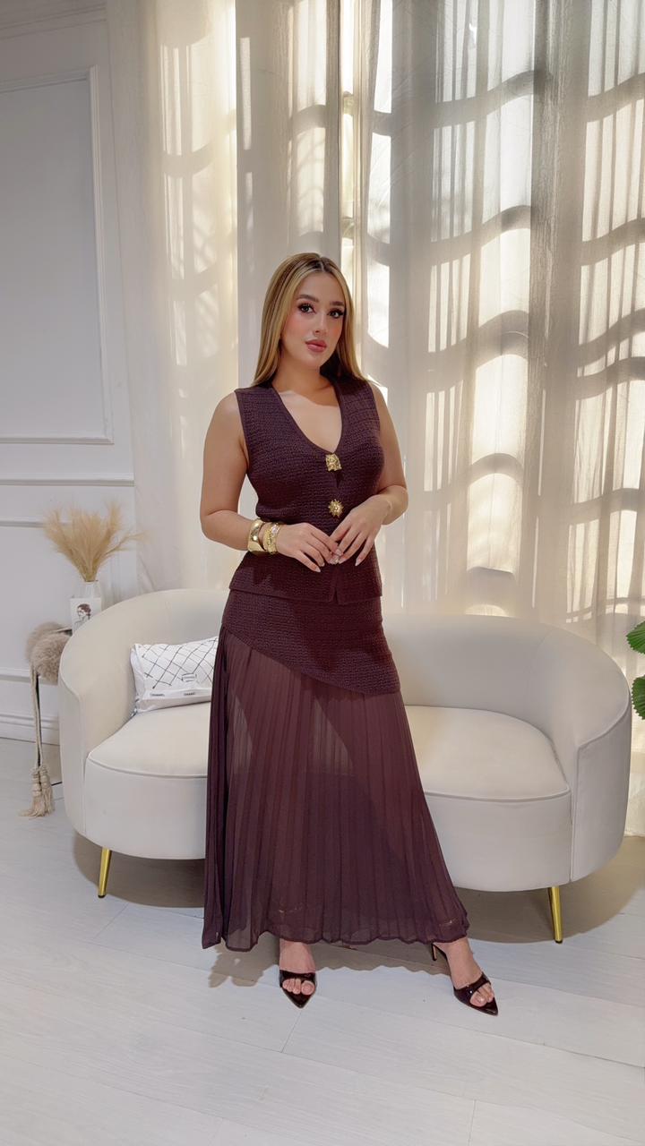 Set Boton Dorado Falda Larga Cafe